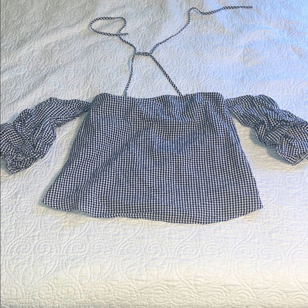 Forever 21 Blue Gingham Off-Shoulder halter Blouse navy and white plaid small
